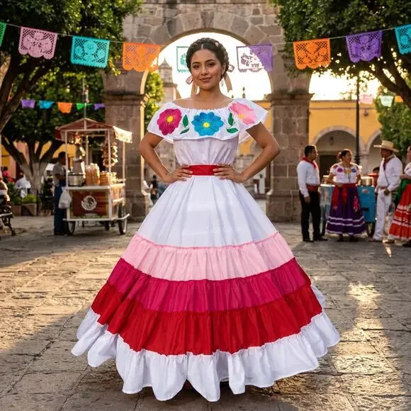 Mexican long skirt single circle waist has 4 ties that adjust to your waist